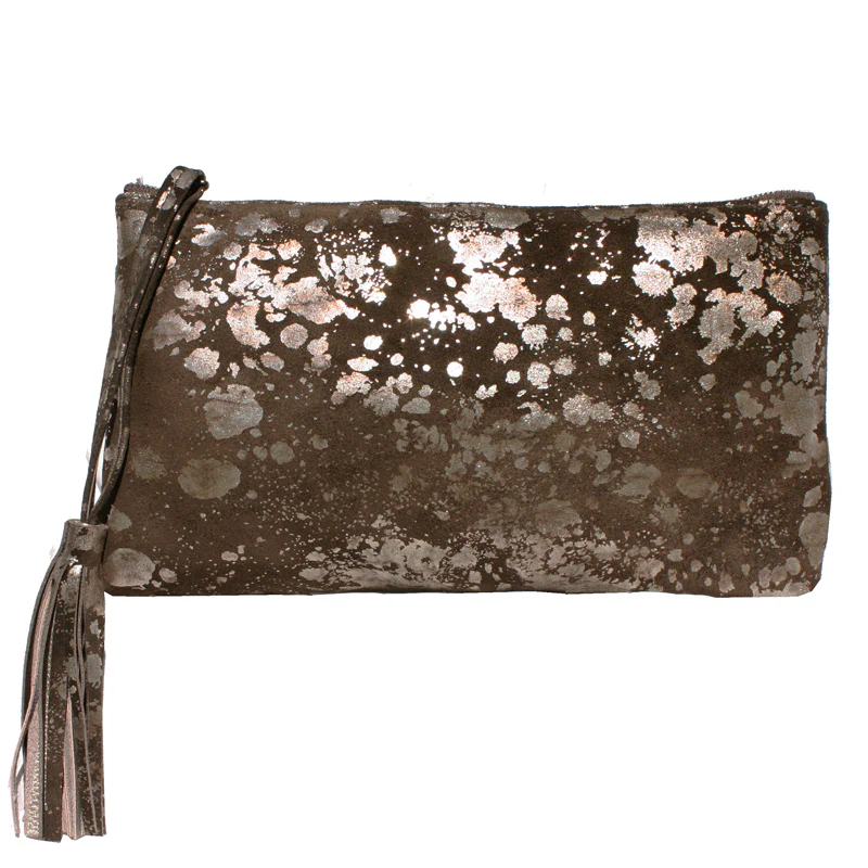 Large Tassel Clutch - Brown Metallic Splash