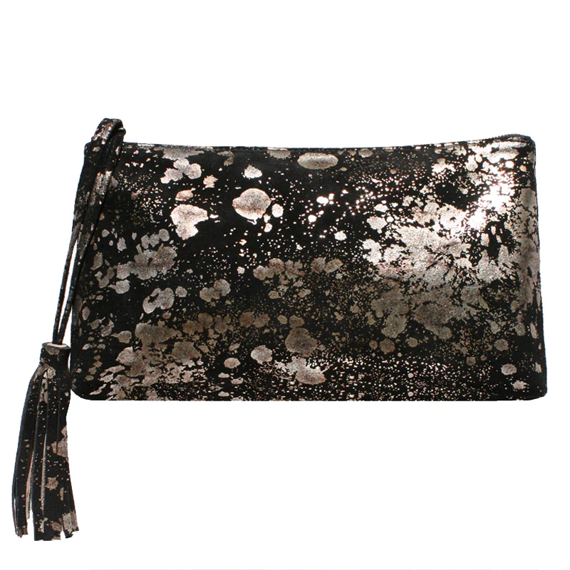 Large Tassel Clutch - Black Metallic Splash